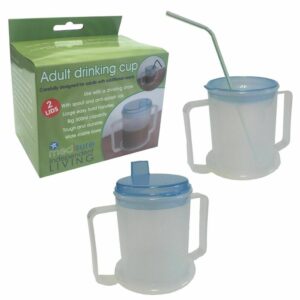 Adult Drinking Cup STRONG HANDLES Wide Base. 2x Anti Splash Lids Aid Disability