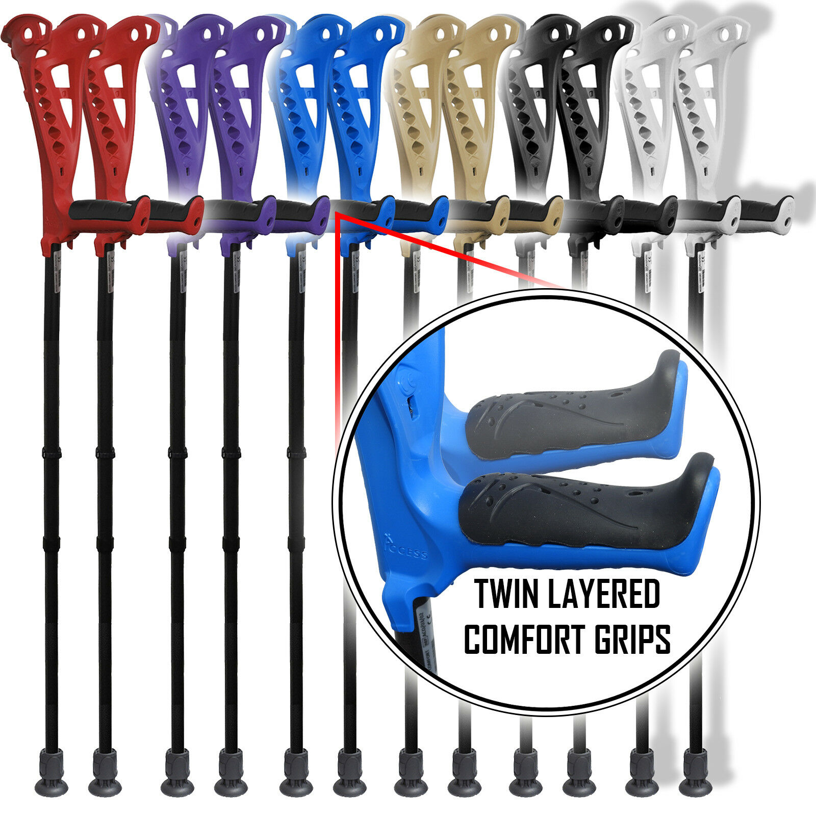 FDI Access Comfort Light Easy Carry Open Cuff Adjustable Elbow Walking Crutches Mobility